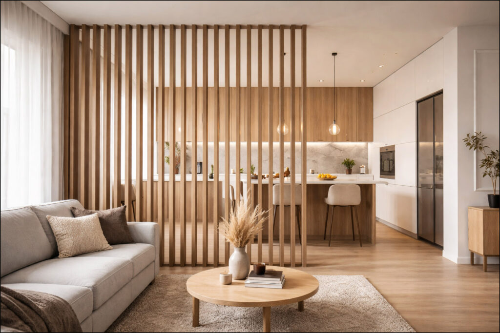 Efektowne oddzielenie kuchni od salonu