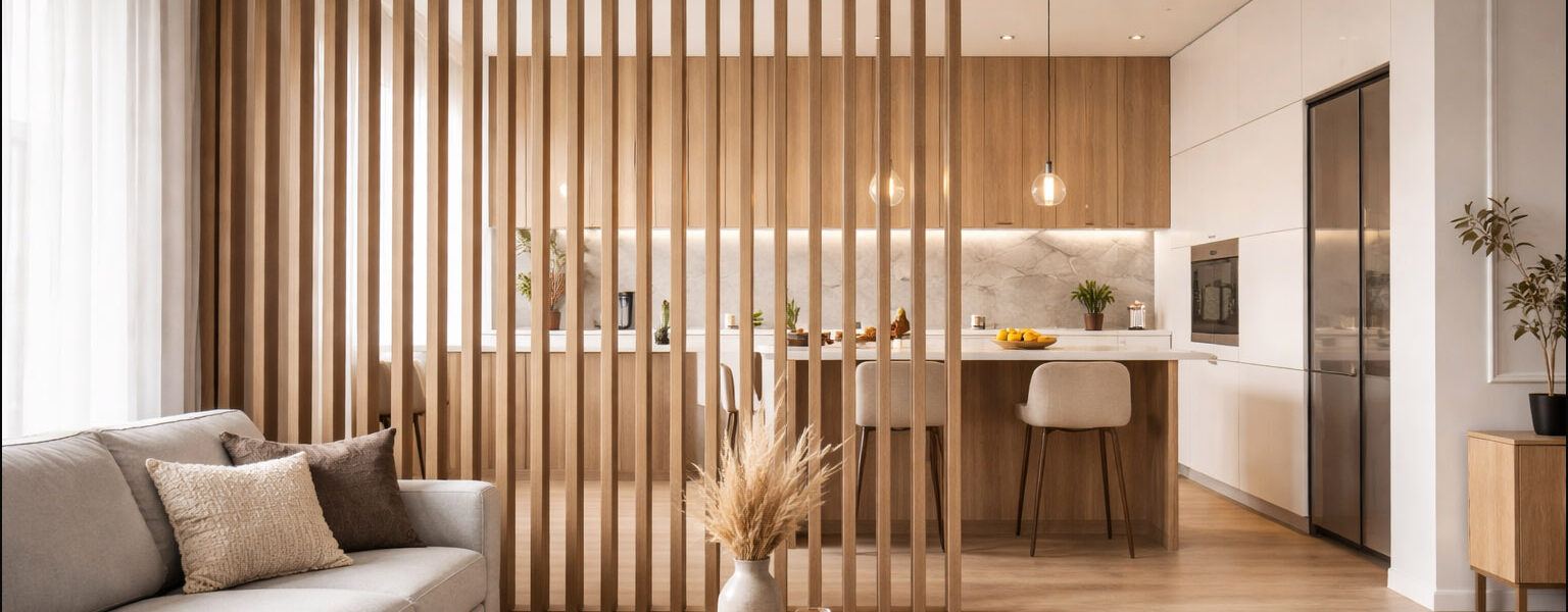 Efektowne oddzielenie kuchni od salonu